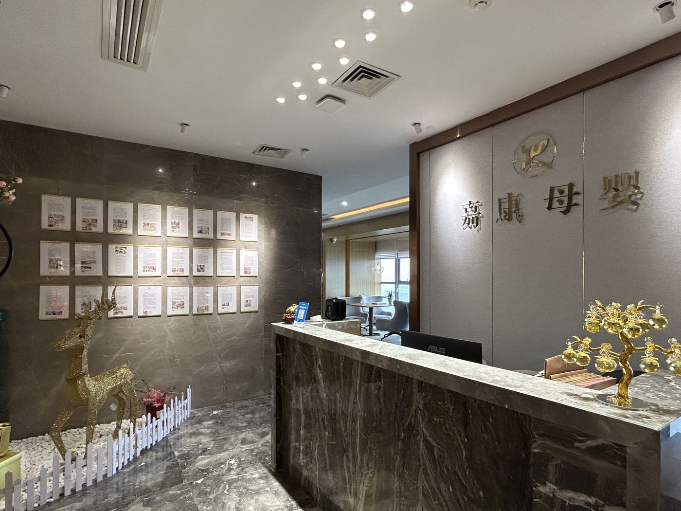 嘉康月子中心前台接待区，背景墙展示品牌荣誉与资质证书